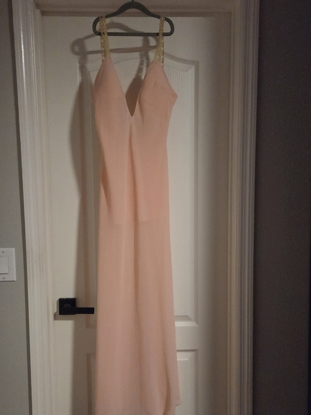 Elegant Blush Pink Evening Gown with Gold Strap Detail